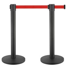 SET 2 stâlpi negri din inox pentru delimitare, grosime 1mm, bandă retractabilă ROȘIE 3 metri, mați